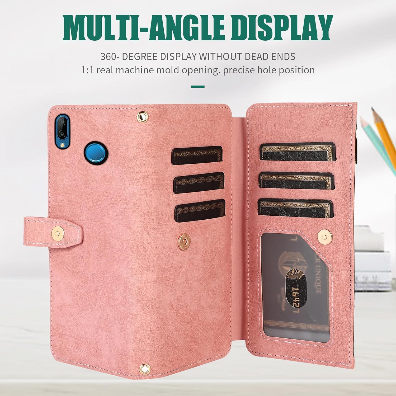 Thumbnail 5 de Asuwish Hülle für Huawei P20 Lite / Nova 3E — Leder Klappenwallet mit Standfunktion, rosa
