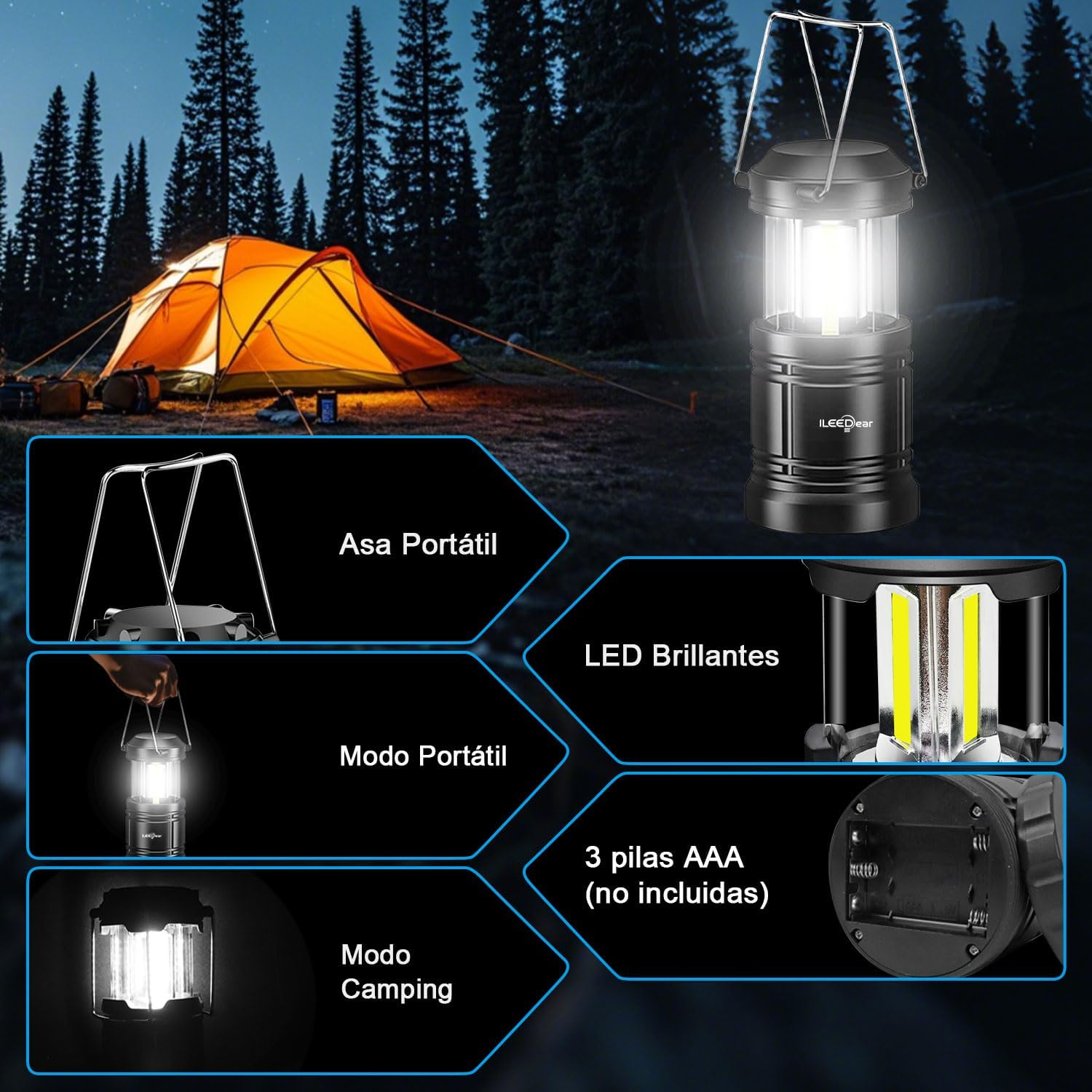 Thumbnail 3 de ILEEDear paquete de 2 linternas LED plegables para camping y emergencias (negro)