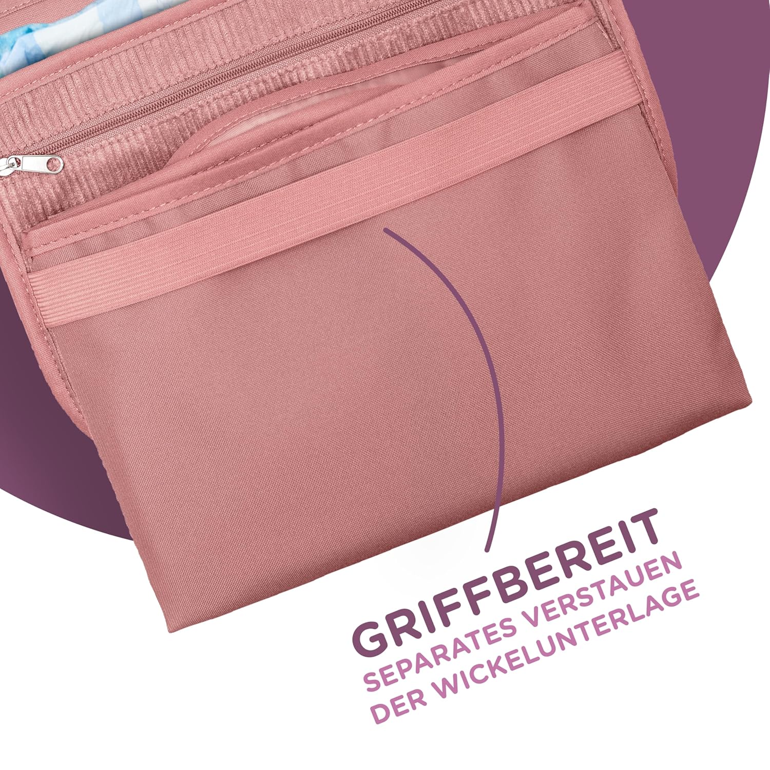 Detalle de Jubi Windeltasche mit Wickelunterlage – Kompakte Begleiterin für unterwegs in Cord Pink (Klettverschluss)