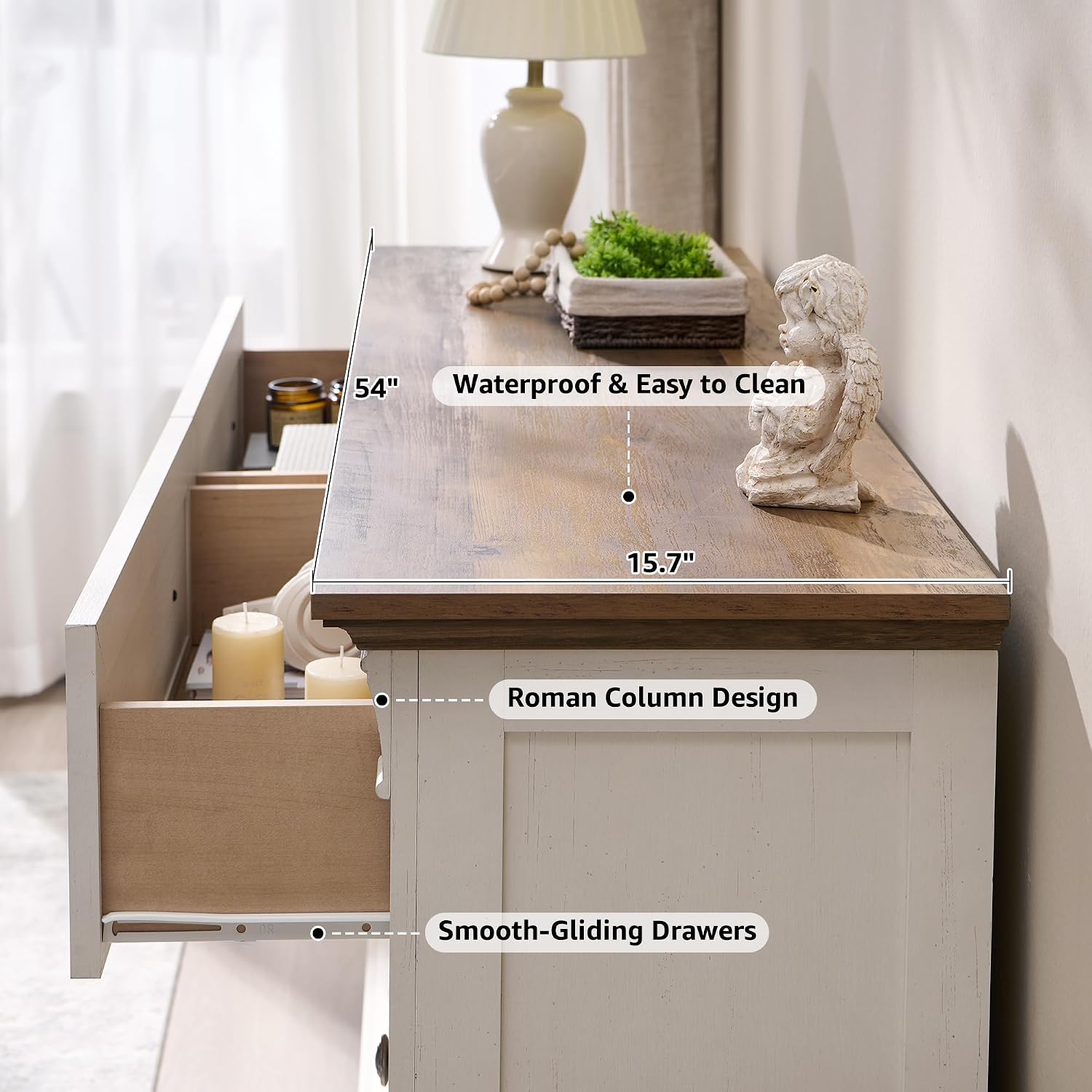 Thumbnail 6 de T4TREAM RPC6SDRDS-ROWAW Farmhouse 6-Drawer Dresser, 54-Inch Antique White