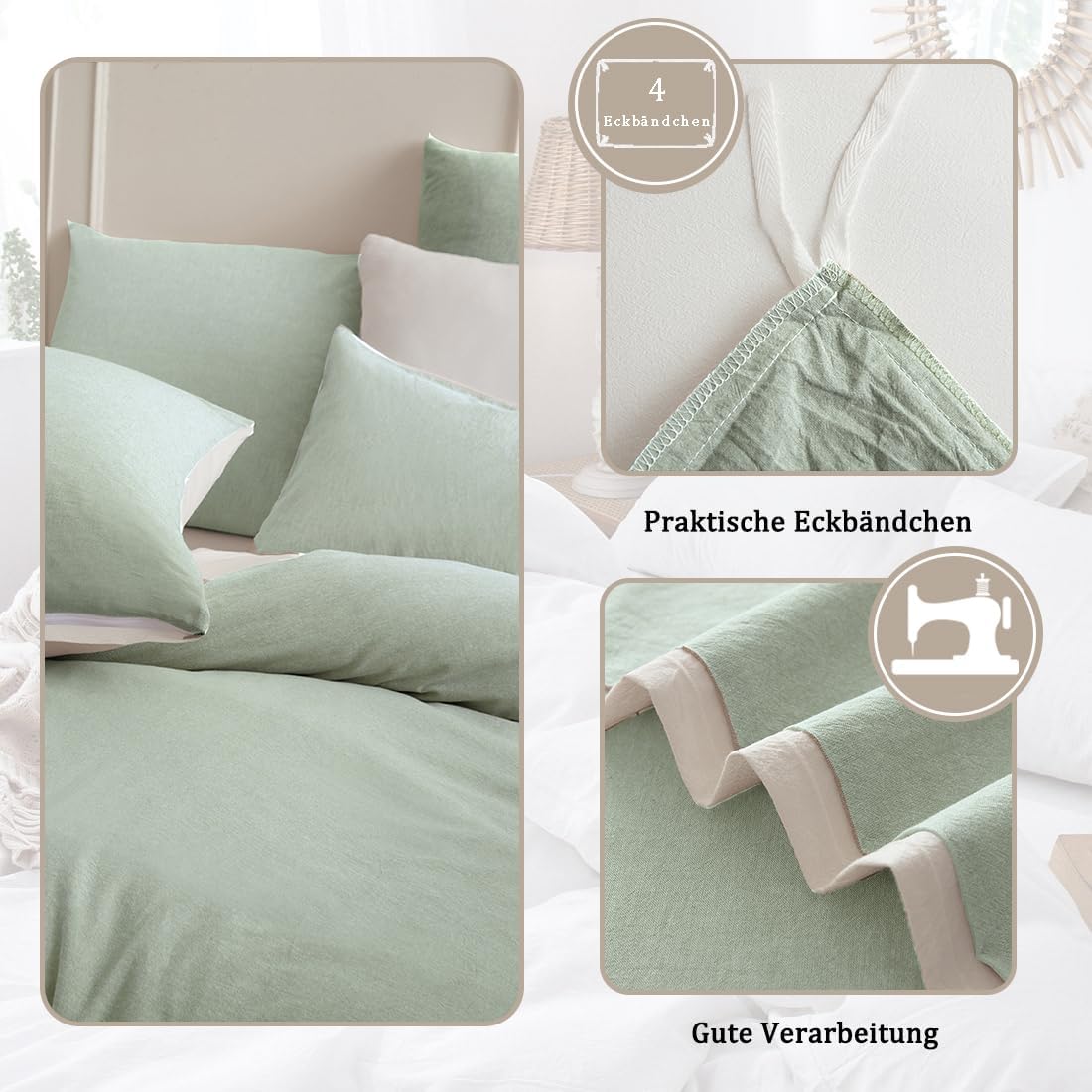Detalle de Nesture Bettwäsche-Set 135x200 aus 100% gewaschener Baumwolle in Salbeigrün/Weiß (2-teilig)