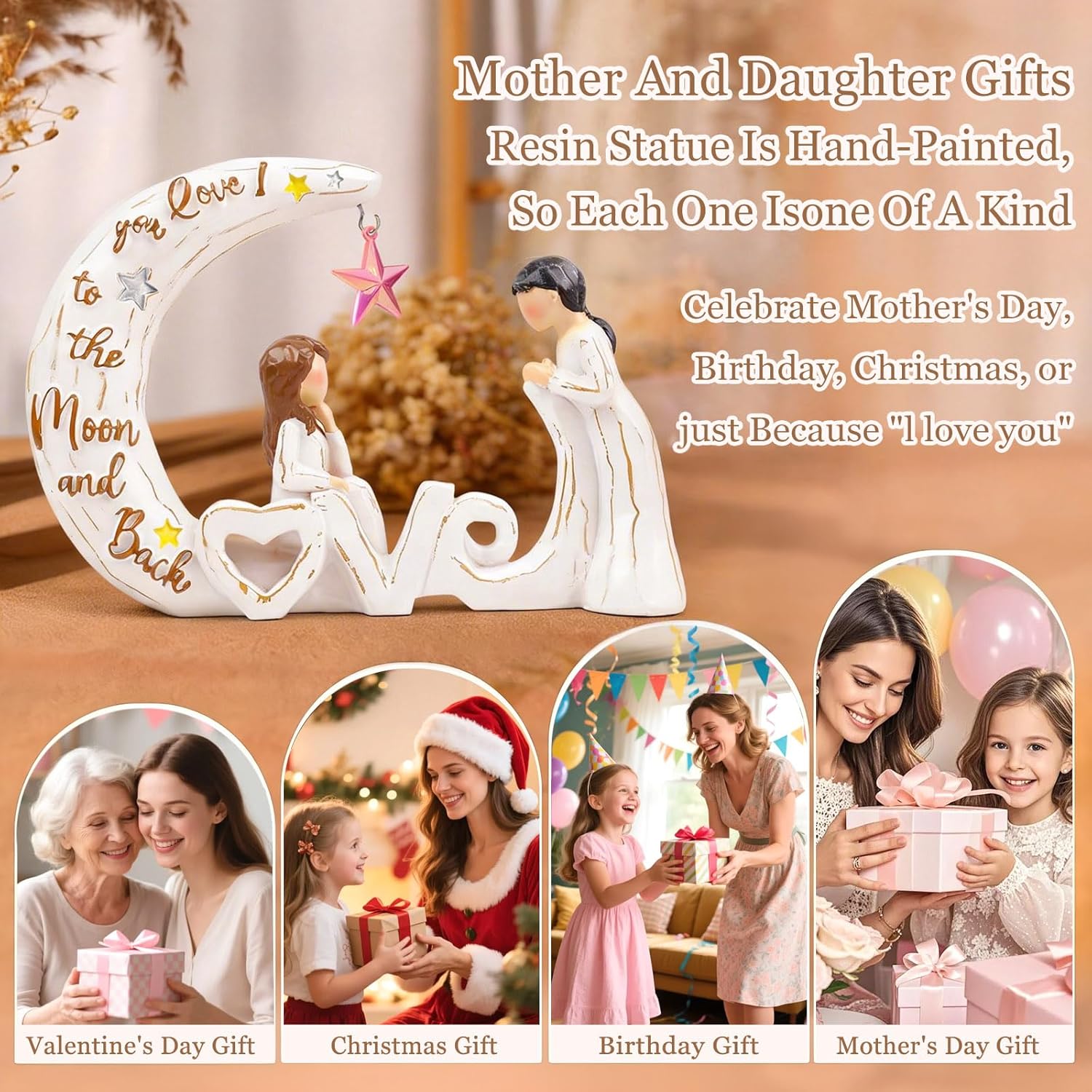 Thumbnail 6 de AC AATVE Mother & Daughter Resin Figurine with Pink Star – I Love You to the Moon and Back Keepsake