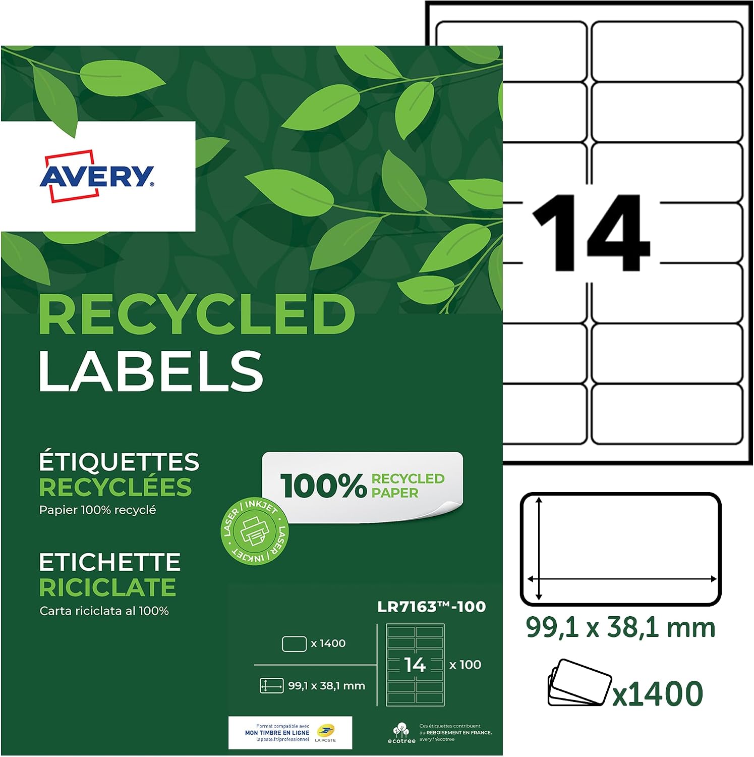 Detalle de AVERY Zweckform LR7163-100 Adressetiketten: 1400 Stück auf A4, 99,1 x 38,1 mm, recycling