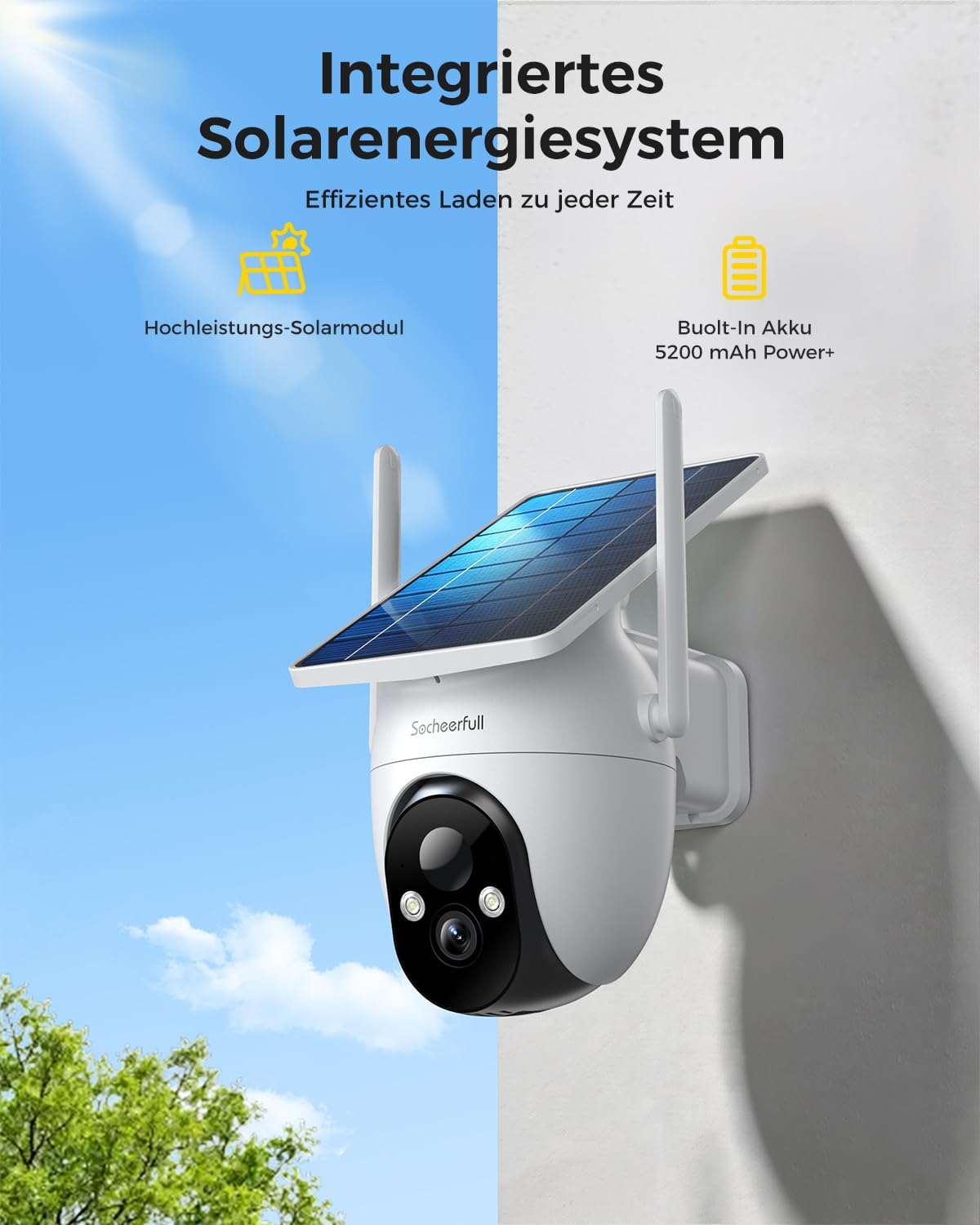 Detalle de Socheerfull 2K Überwachungskamera Außen Solar – kabellose 2,4 GHz WLAN Kamera mit Integriertem Solarpanel, 350° Rundum-Überwachung, KI-Erkennung, Farbnachtsicht und 2-Wege-Audio