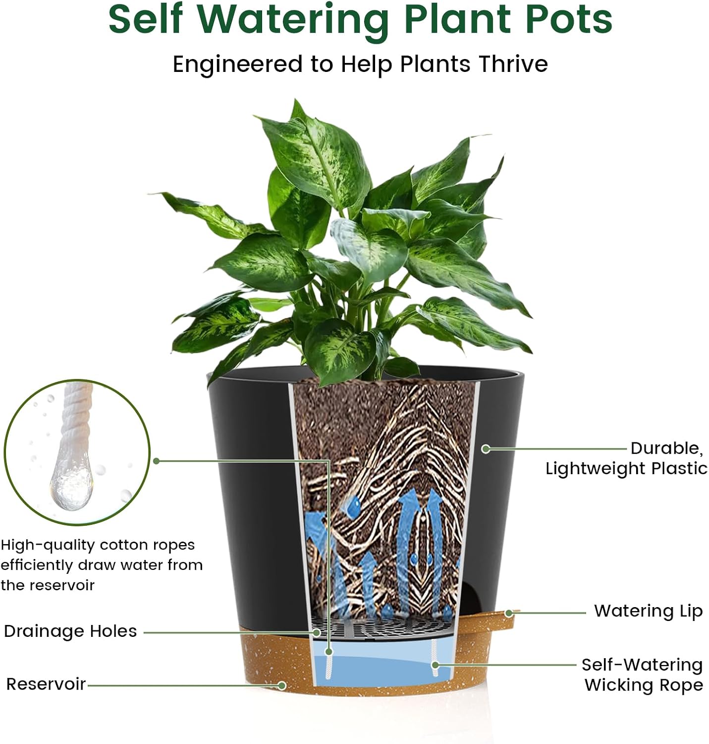 Thumbnail 3 de WSMKSZ 30 cm Large Self Watering Plant Pots – 2 Pack with Drainage Holes & Deep Reservoirs (Cotton Wick) in Black/Brown