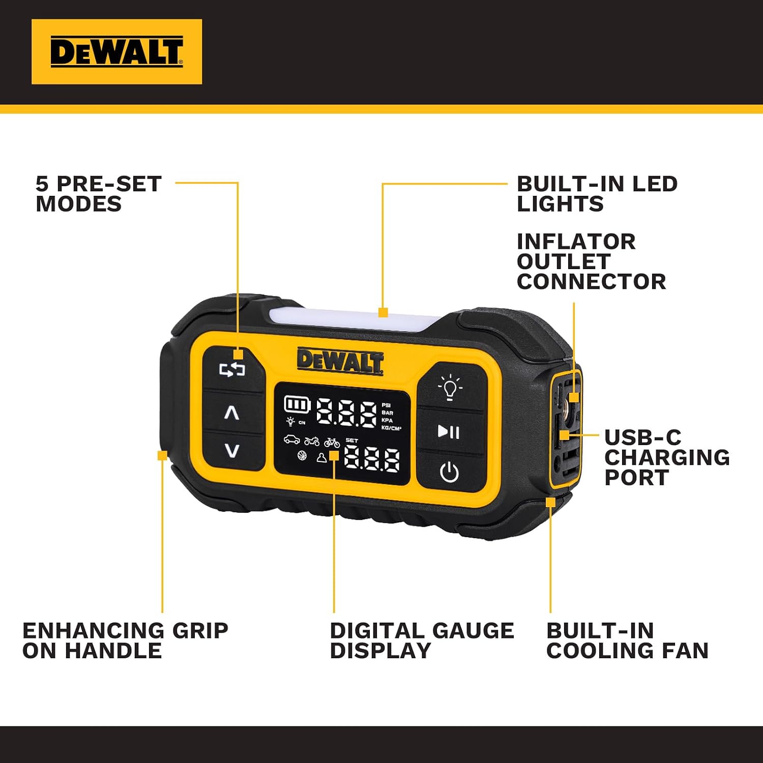 Detalle 2 de DEWALT DXIF1201 Portable Tire Inflator, 150 PSI, Dual Power, Auto Shutoff