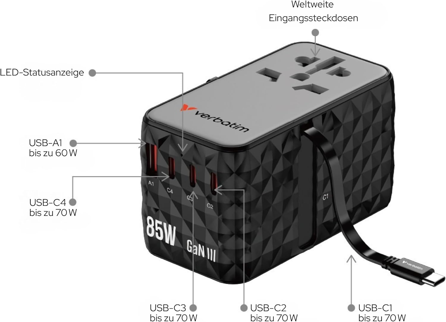 Thumbnail 1 de Verbatim GaN Universal Reiseadapter UTA-10 mit integriertem Kabel, 85 W und USB-A & 3 USB-C