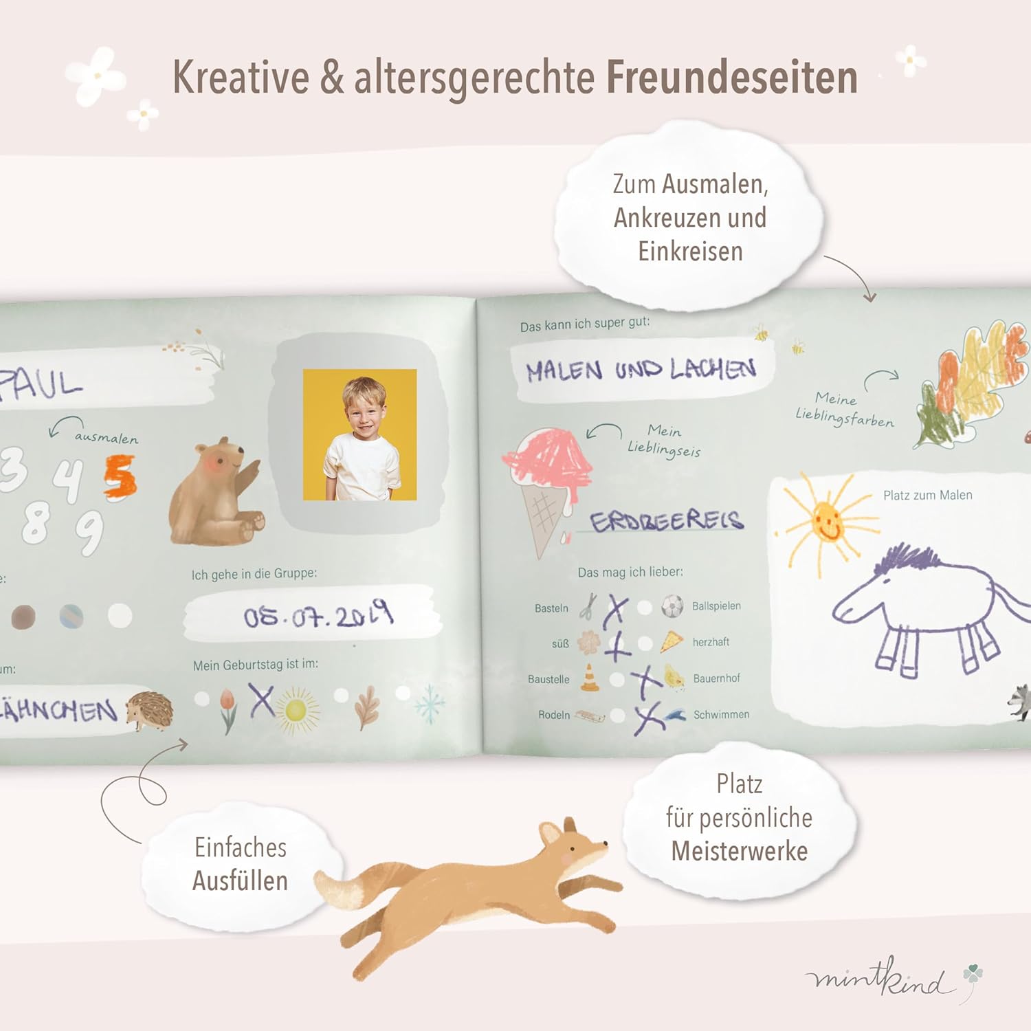Thumbnail 4 de mintkind® Freundebuch Kindergarten – Waldtiere, 80 Seiten zum Ausfüllen (DIN A5) für Jungen und Mädchen