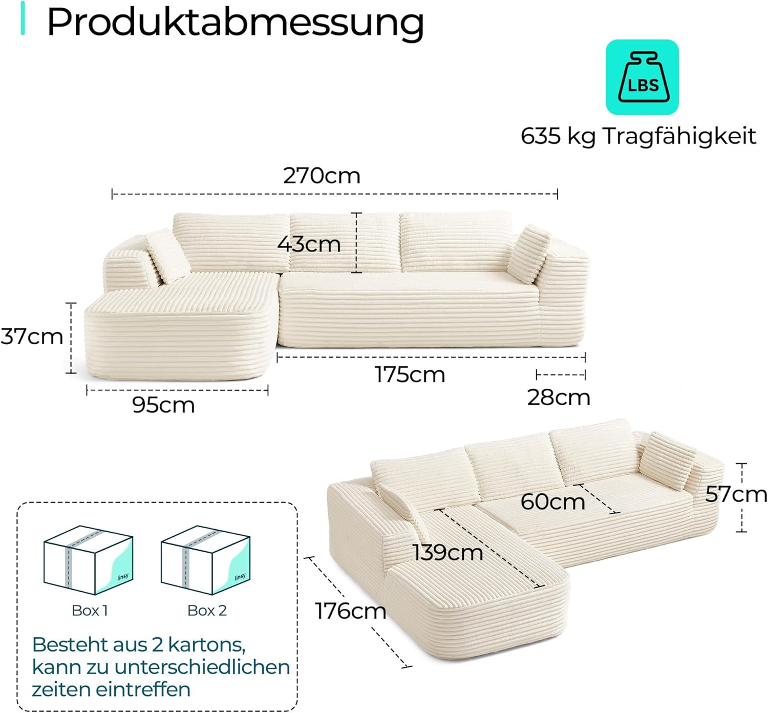 Detalle 2 de LINSY HOME Ecksofa mit Schlaffunktion (270 cm) aus Corduroy, L-Form mit Ottomane und modularen Segmenten – beige