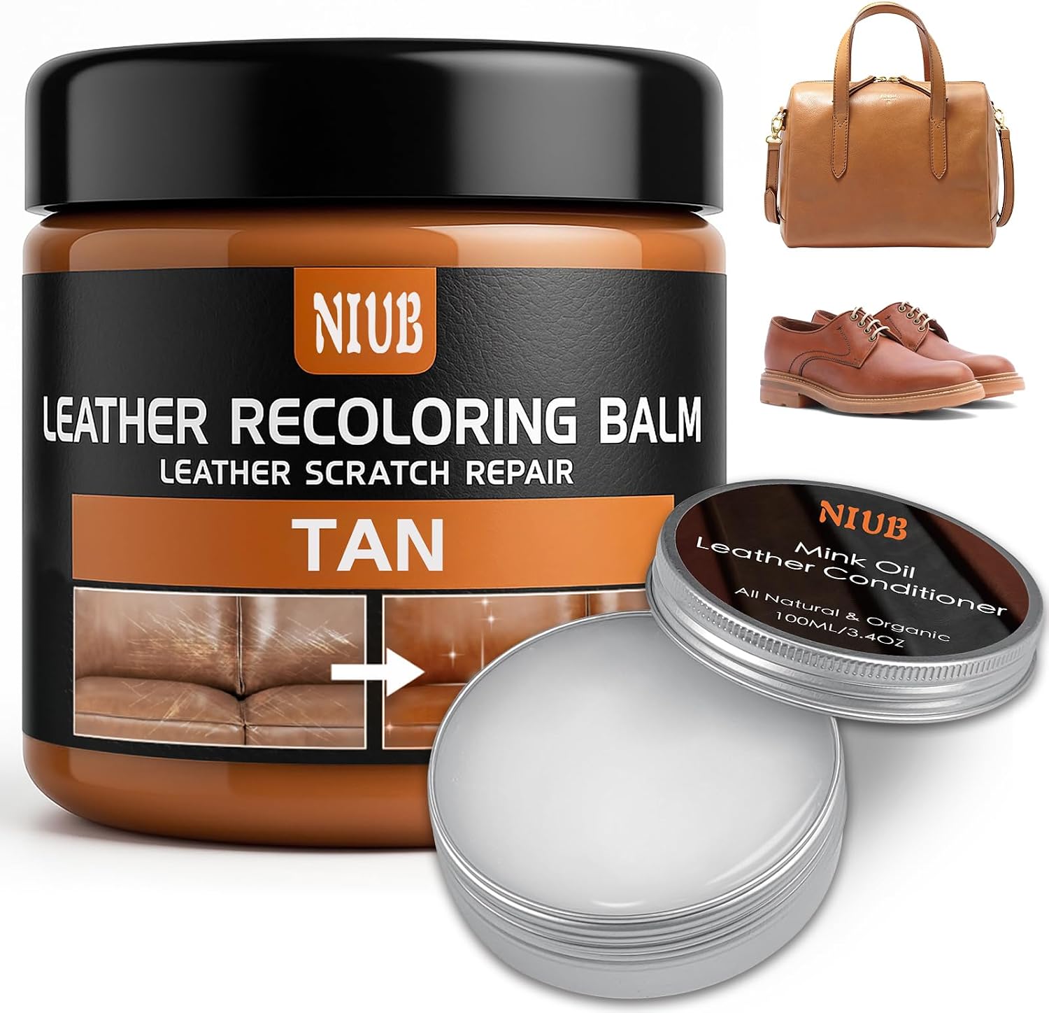 Detalle de NIUB Leather Recoloring Balm (TAN) — Leather Color Restorer & Scratch Repair for Furniture, Car Seats, Shoes, Bags