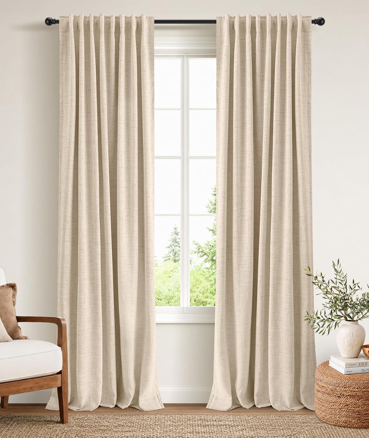 Detalle de INOVADAY 100% Blackout Curtains 2 Panels Set, 50x90, Oatmeal Linen, Back Tab/Rod Pocket, Thermal Insulated