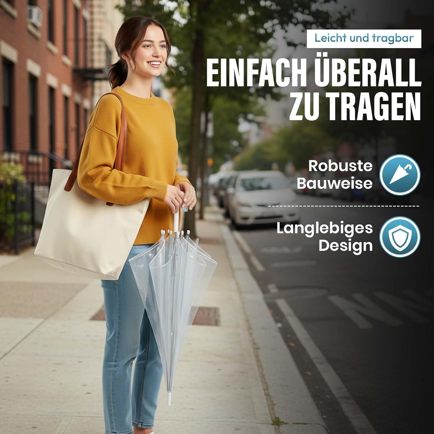 Detalle de GOODS+GADGETS Durchsichtiger Regenschirm mit weißem Stock Ø 100 cm – Transparentes Fashion-Highlight