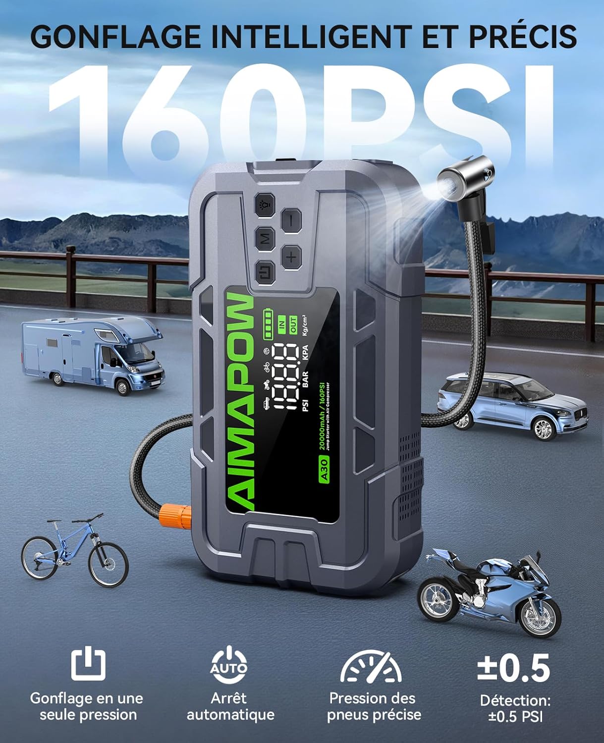 Thumbnail 2 de AIMAPOW Booster Batterie Voiture 12V 8000A avec compresseur 160 PSI, démarreur portable et lampe LED 600 lm