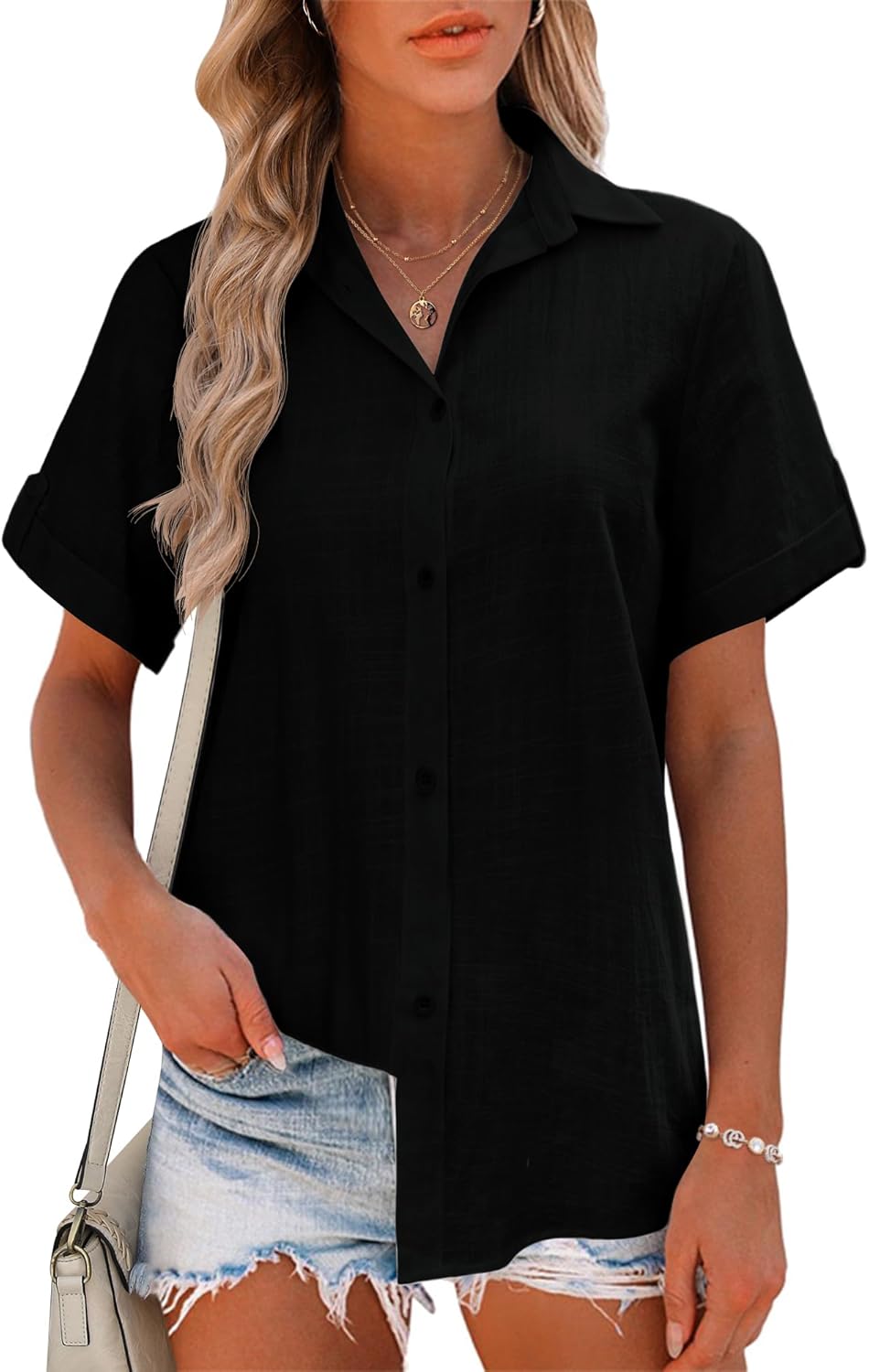 Detalle de Zeagoo Women Linen Button Down Shirt Rolled Cuff Short Sleeve V-Neck Blouse