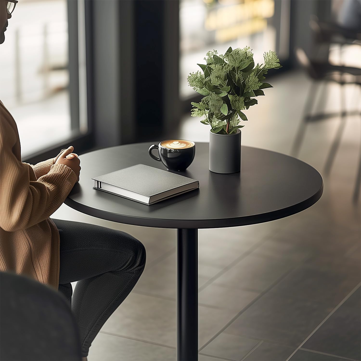 Detalle 2 de FDW Modern Round Hydraulic Pub Table, Black, Wood Top, Metal Frame
