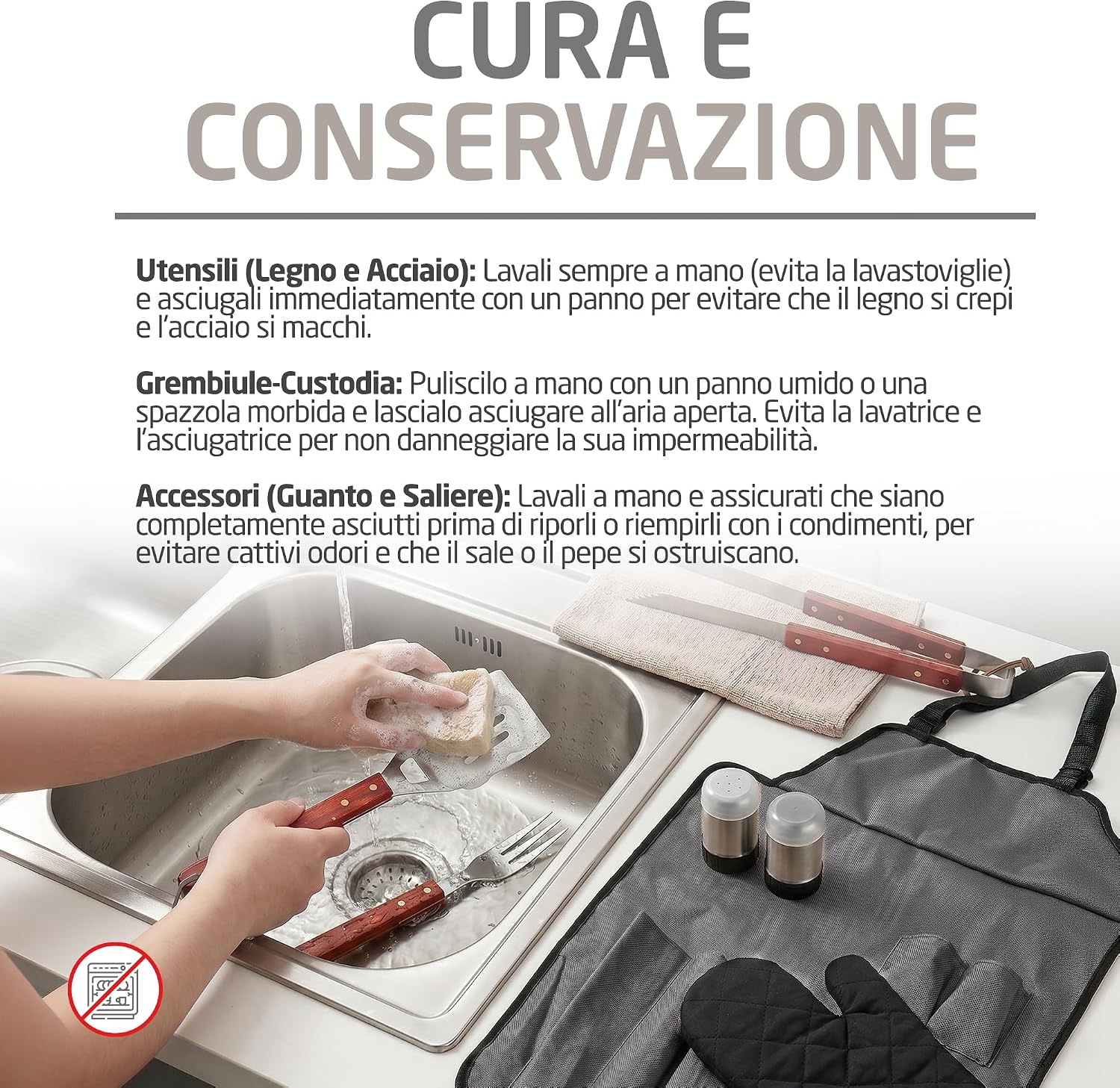 Detalle de Amig AM17: Grembiule barbecue con 7 accessori in acciaio inox, kit BBQ pratico e curato