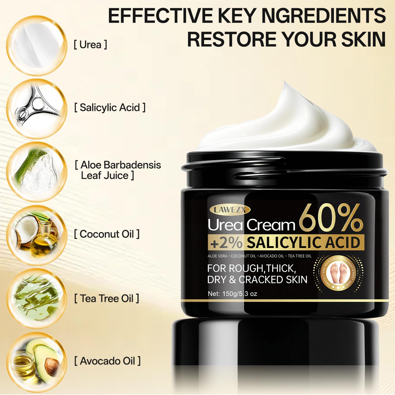 Detalle 2 de LAWEZX Urea Creme 60% für Füße und Hände – Intensive Feuchtigkeit, 150 g