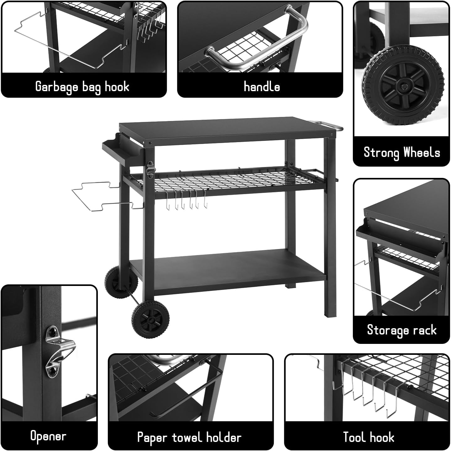 Detalle 1 de Kendane CA-21 3-Shelf Grill Cart with Utility Hooks and Wheels