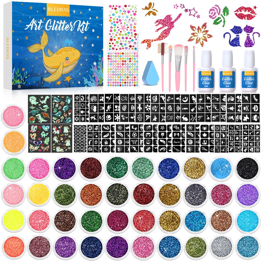 Bledras Glitzer Tattoo Set für Kinder – 42 Farben, 210 Schablonen & Strass zum Aufkleben
