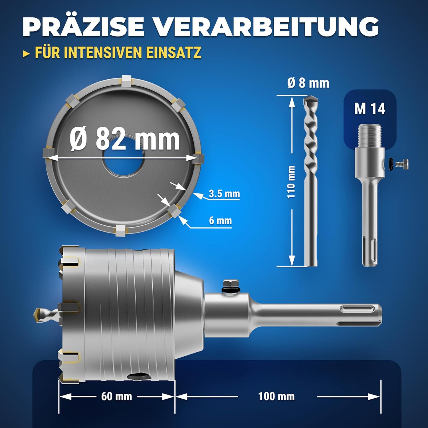 Thumbnail 3 de S&R Hohl-Bohrkrone-Set Ø 82 mm mit SDS-plus Adapter, 110 mm und Zentrierbohrer 8x110 mm für Bohrhämmer