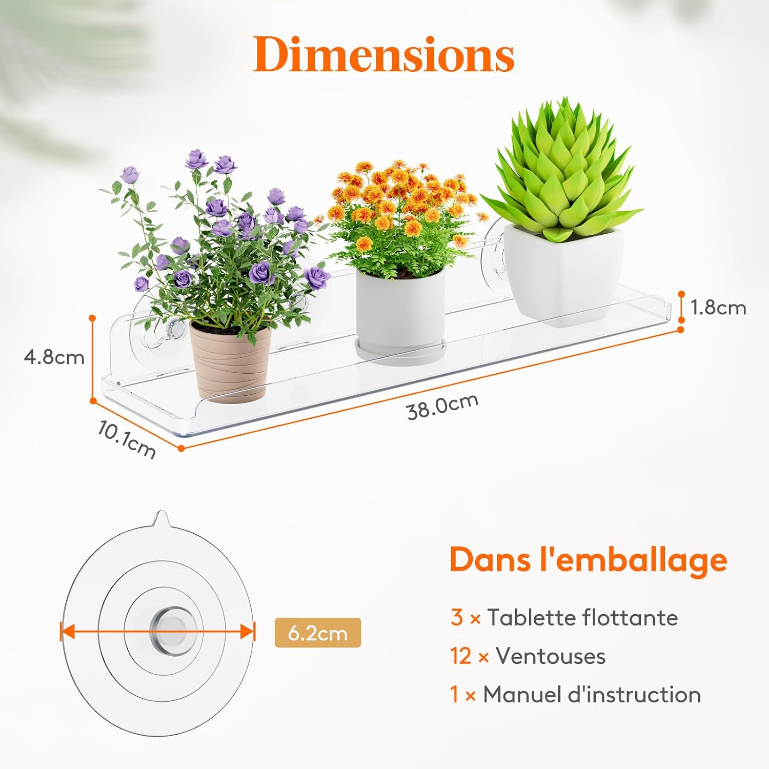 Detalle de Lifewit 24126 zwevende plantenplanken, 3 transparante kunststof planken van 38 cm