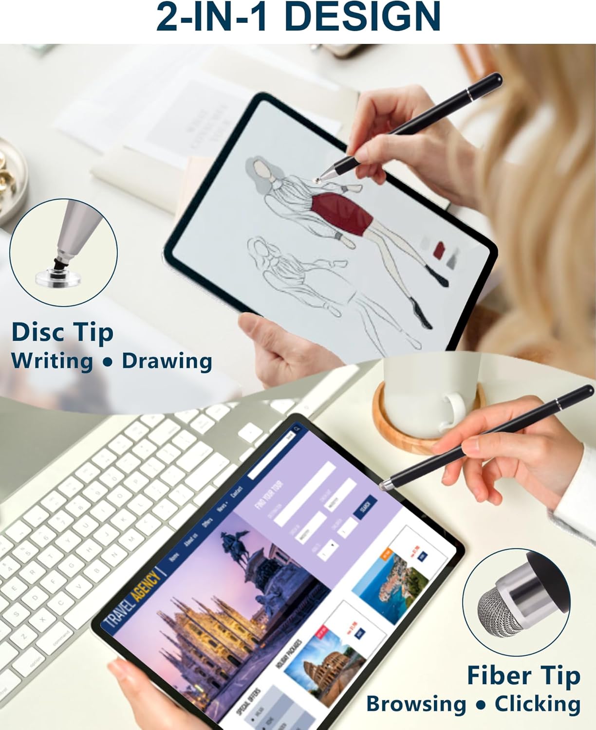 Thumbnail 2 de Tablet Stift 2-in-1: Universeller kapazitiver Stylus mit transparenter Scheibenspitze und Faserspitze