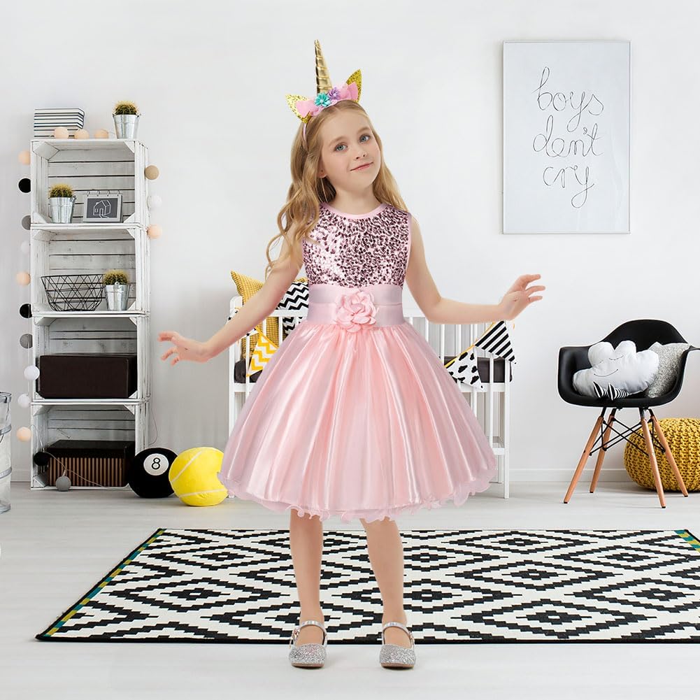 Detalle de AOMIG 4125310 prinsessenjurk voor meisjes, roze tule met bloemen en pailletten