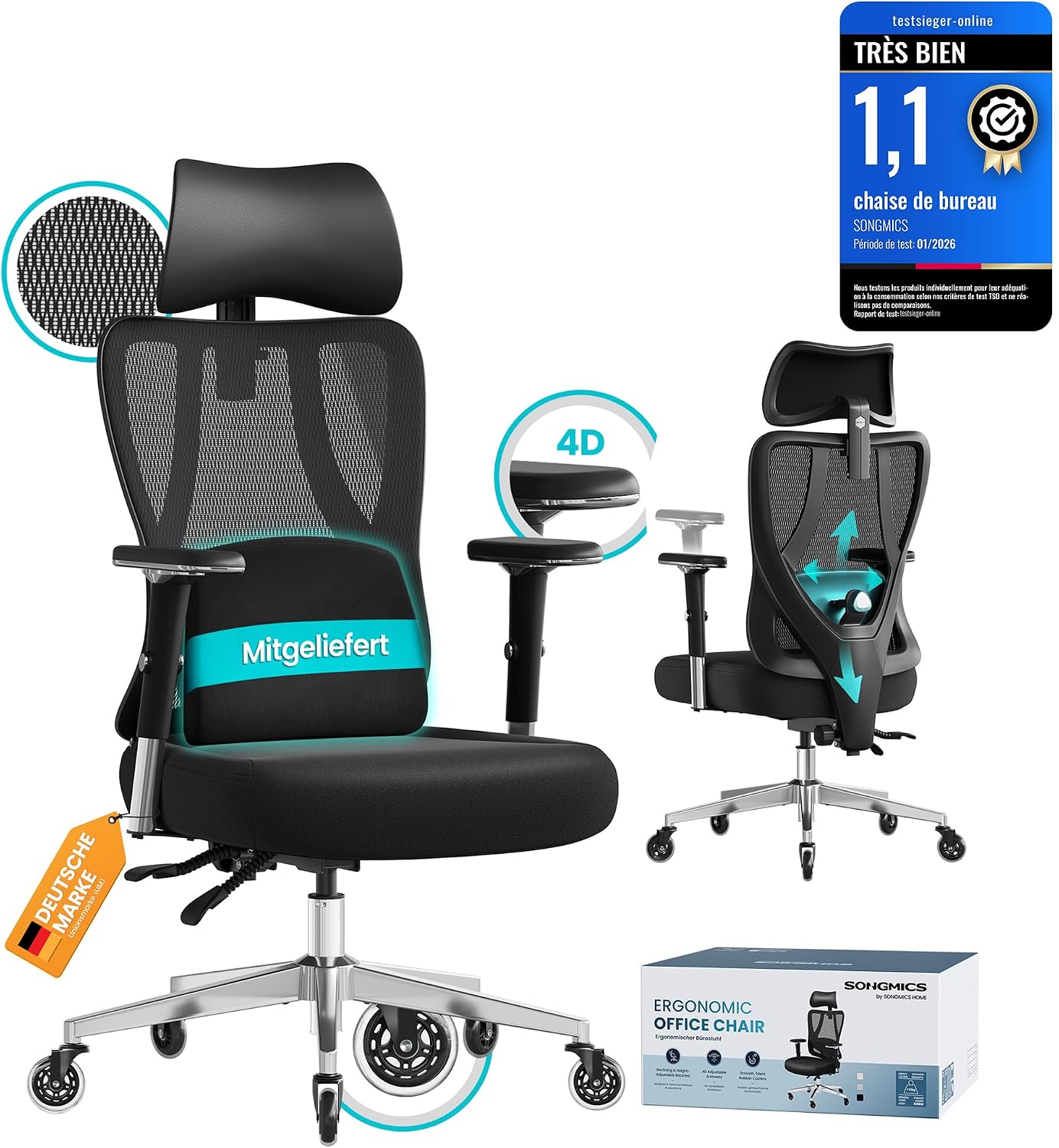 Detalle de SONGMICS OBN067BH01 Chaise de bureau 150 kg