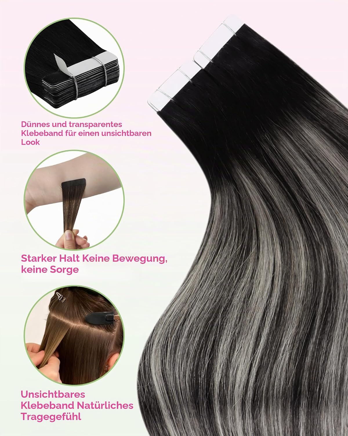 Detalle de YoungSee Tape Extensions Echthaar Ombre – 60 cm, Remy Echthaar, 50 g, 1B/S/1B