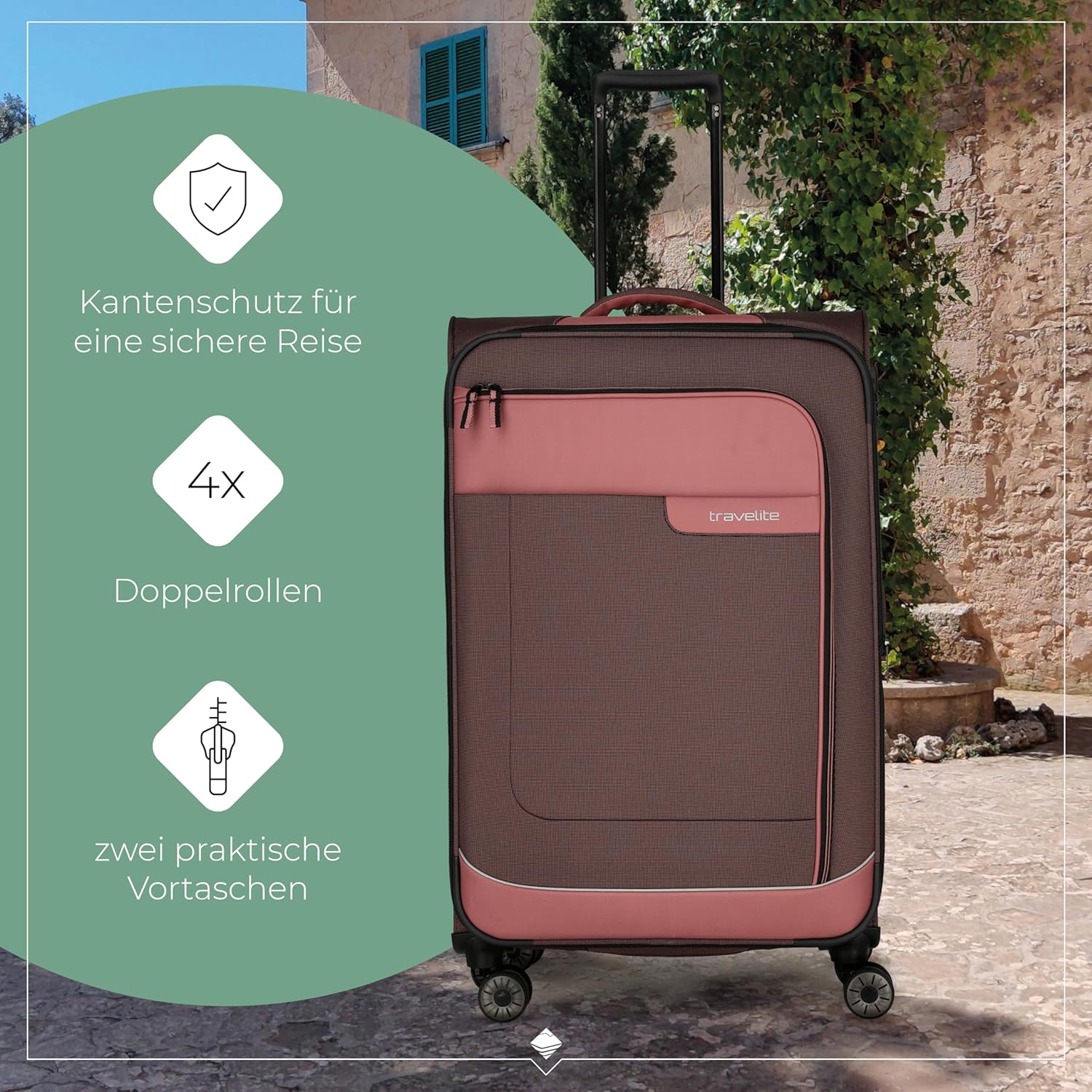 Detalle de travelite 4-Rad Trolley Größe L „VIIA“ mit Dehnfalte, TSA-Schloss und Weichschale aus recyceltem Polyester