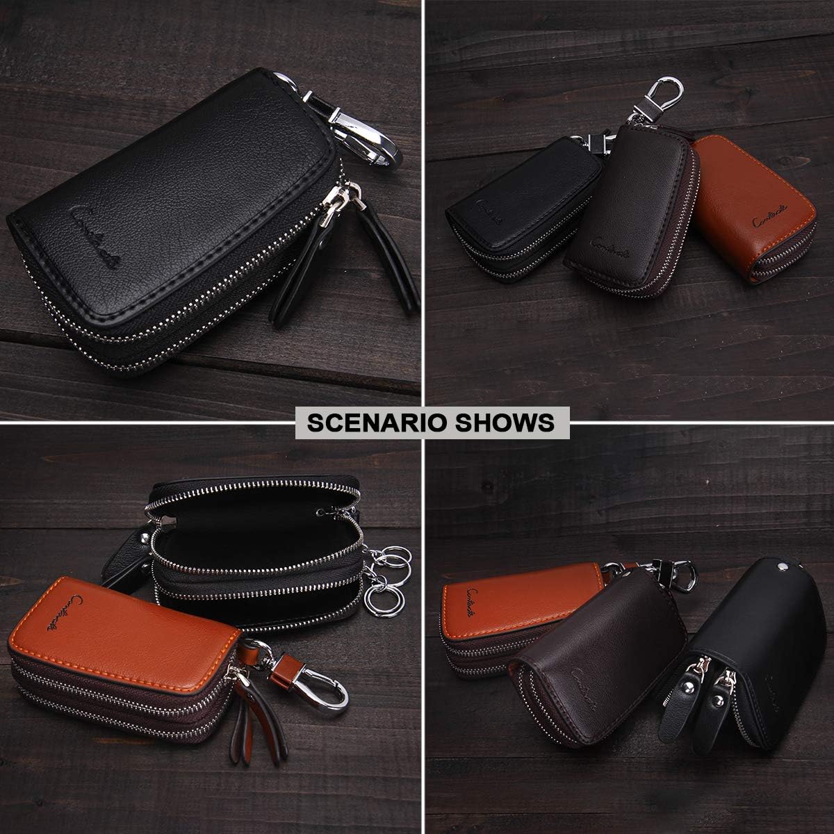 Thumbnail 5 de Contacts Car Key Case Leather Double Zipper Key Holder with Keyring – Practical, Durable PU Leather, 3.9 x 2.4 x 1.2 inches