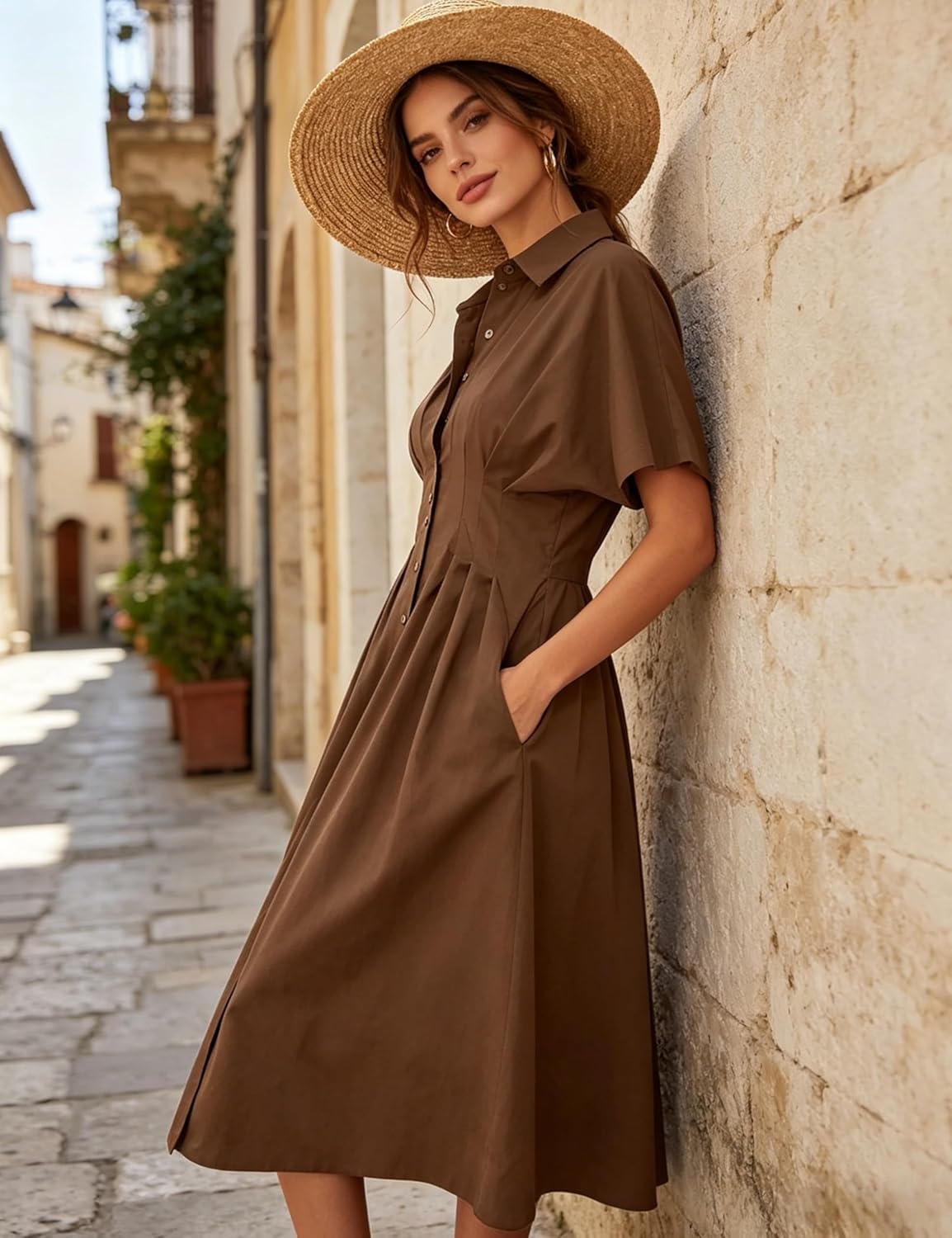 Thumbnail 5 de Yeokou Shirt Dress for Women: Pleated Maxi with Pockets, Summer Casual Button-Down