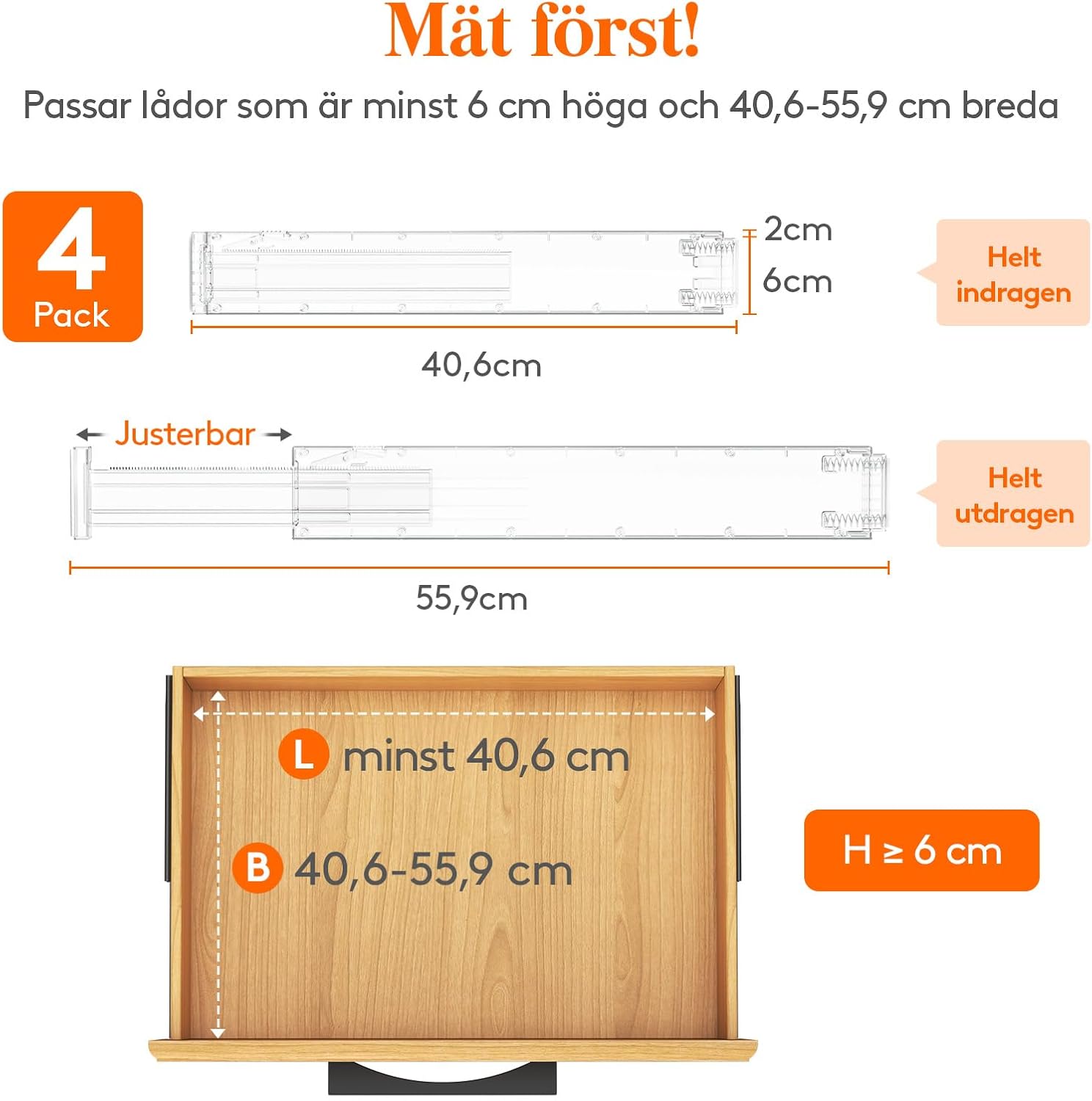 Detalle de Lifewit 4-pack lådavdelare, justerbara 40,6–56 cm, 6 cm höga