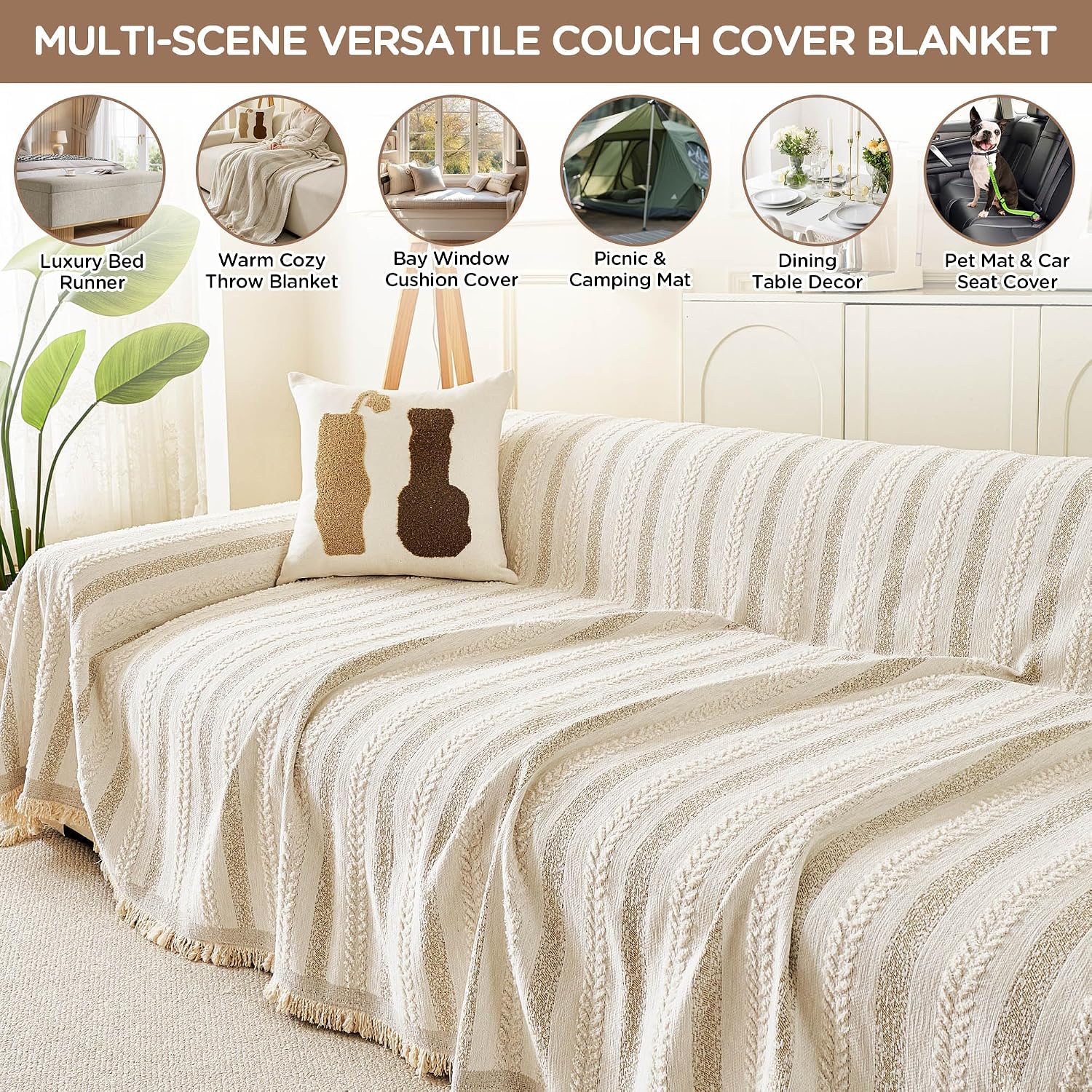 Thumbnail 4 de KaviKon Chenille Sofa Cover, 71 x 134, Striped Beige with Tassels