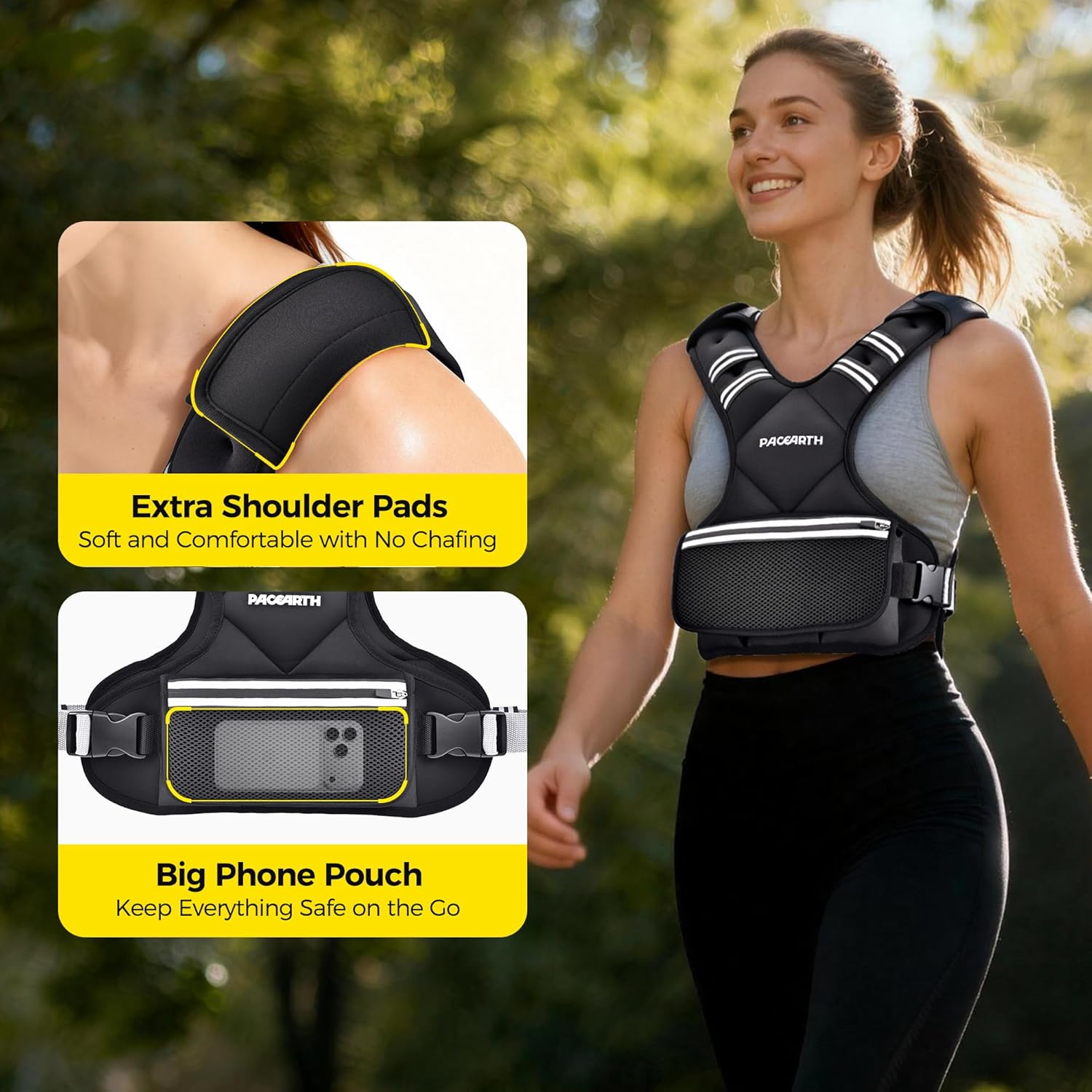 Detalle de PACEARTH Adjustable Weight Vest (4–10 lbs to 32 lbs) with X-Shape Design, Zipper Pouch & 6 Weight Packs