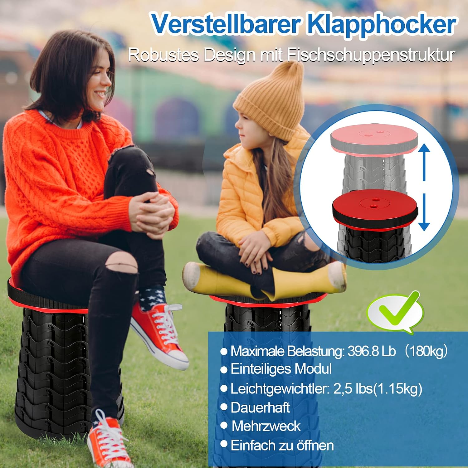 Detalle de Fiqops Tragbarer Klapphocker – Höhenverstellbar, 180 kg Traglast, Leicht & Tragbar