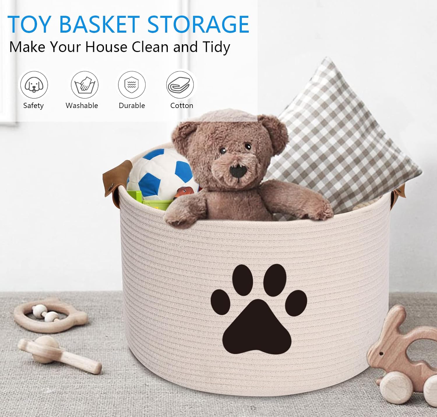 Thumbnail 1 de Morezi large beige cotton pet toy storage basket with handles (40cm D x 27cm H)