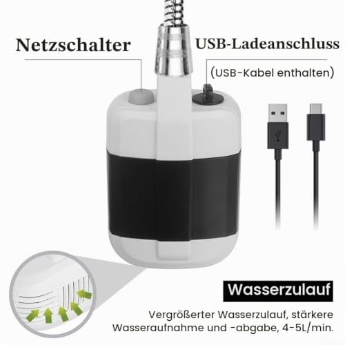 Detalle de Minflora Camping Dusche: Tragbare USB-Dusche mit Saugnapf, 4,5 l/min – ideal für Outdoor, Camping und Haustierpflege