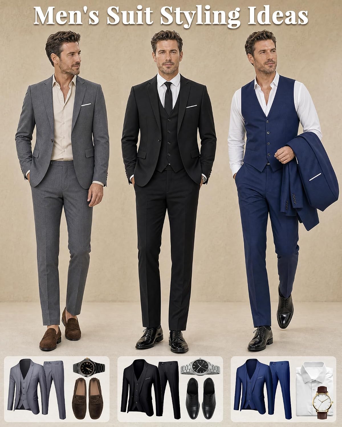 Detalle de MY’S Men's 3 Piece Suit Set with Tie — Slim Fit, One Button Jacket, Vest & Pants (19 Colors)