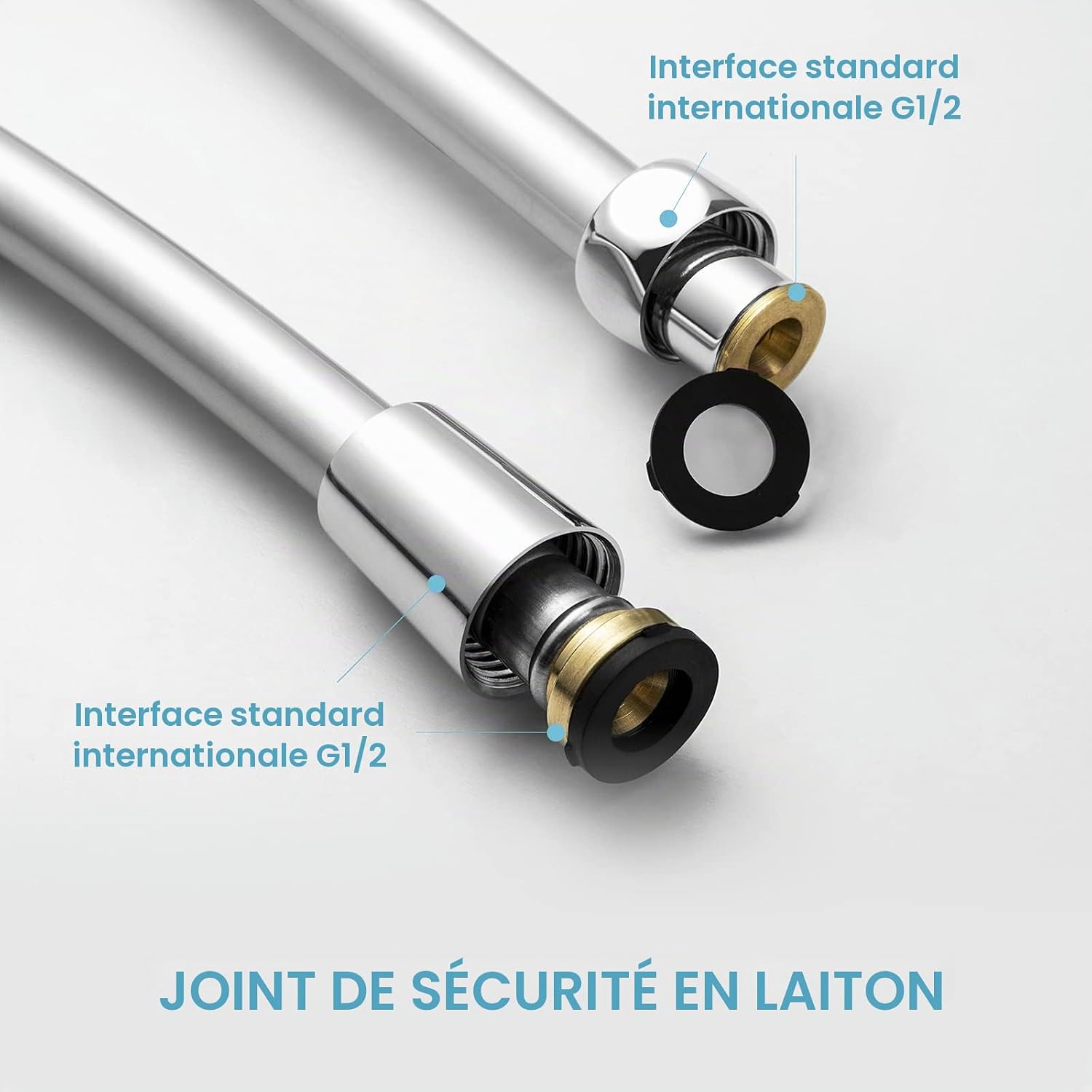 Detalle de OFFO Flexible de Douche 1.2m – Tuyau en PVC avec protection anti-torsion, argenté