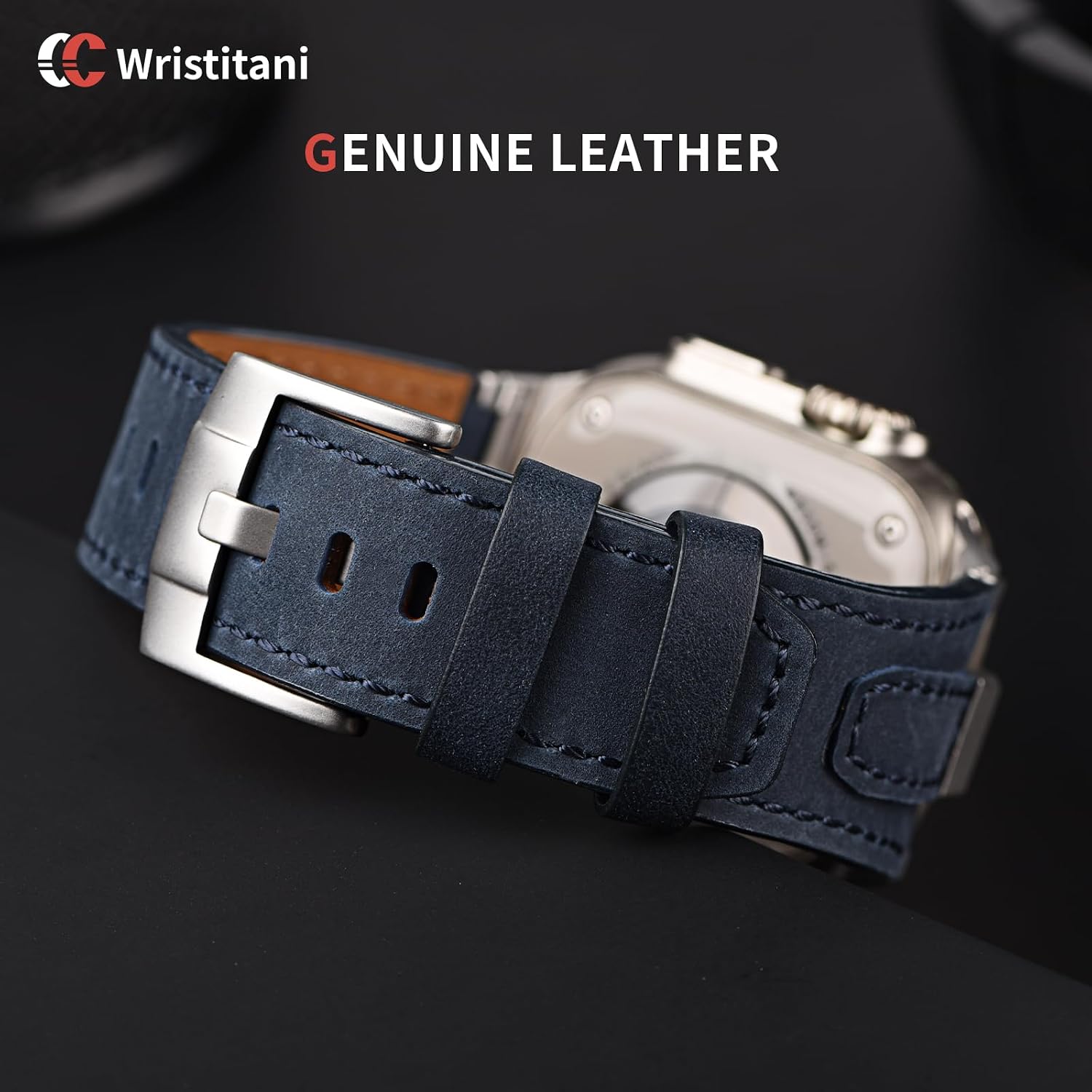 Detalle de Bracelet en cuir Wristitani pour Apple Watch 42–49 mm — compatible Ultra/Series, cuir véritable et patine naturelle