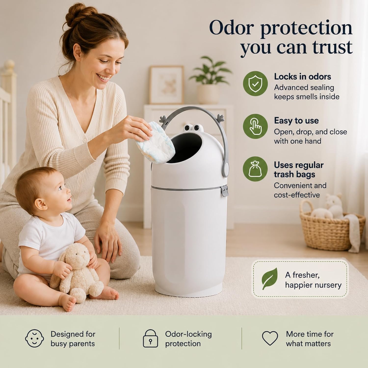 Detalle de P@B PBell Grey Frog Diaper Pail, 15 L, Any Standard Bag, Lockable