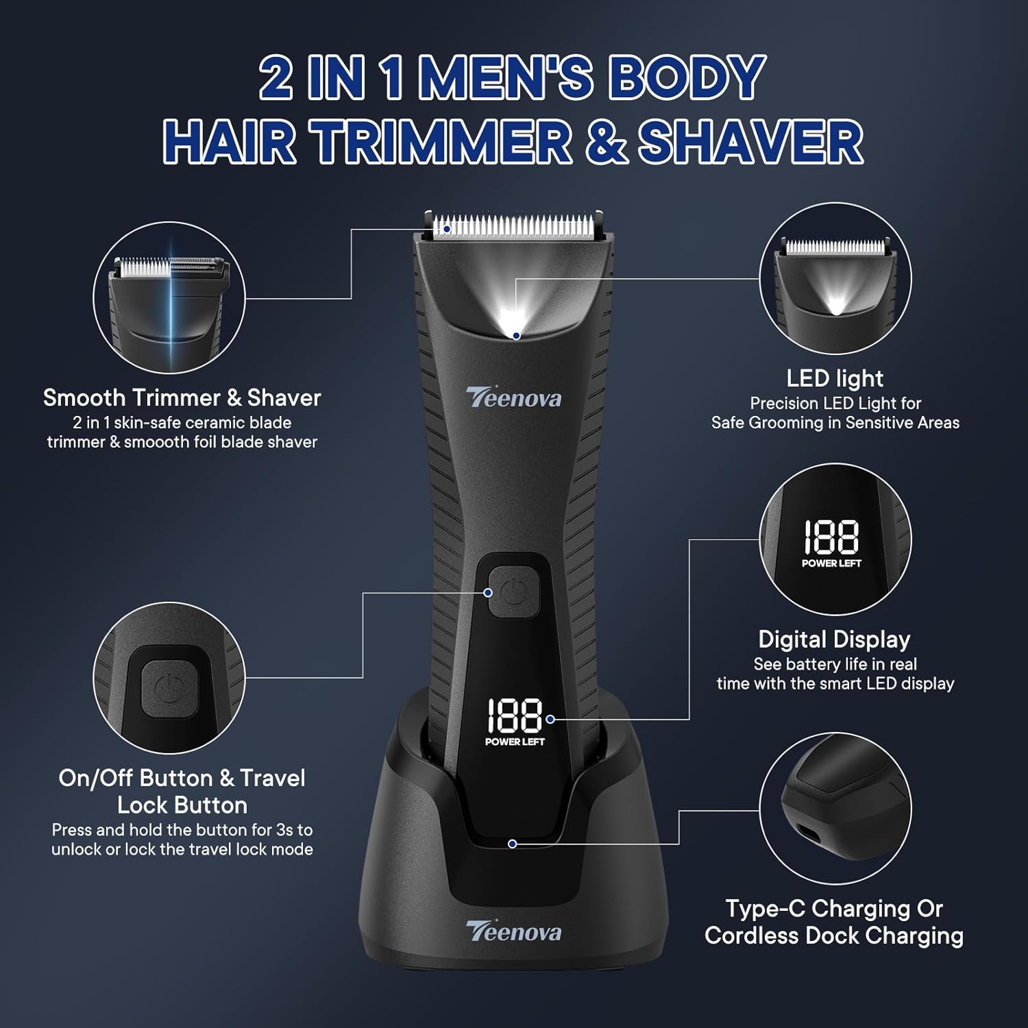 Detalle 2 de TEENOVA Pubic & Body Hair Trimmer for Men — 2-in-1 Electric Ball Groin Shaver with Ceramic Blade