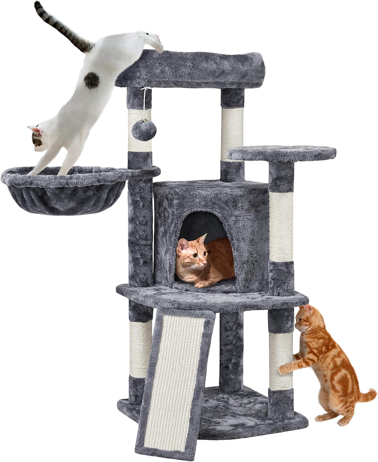 Yaheetech 107cm cat tree climbing tower with scratching posts, condo and basket (dark grey)