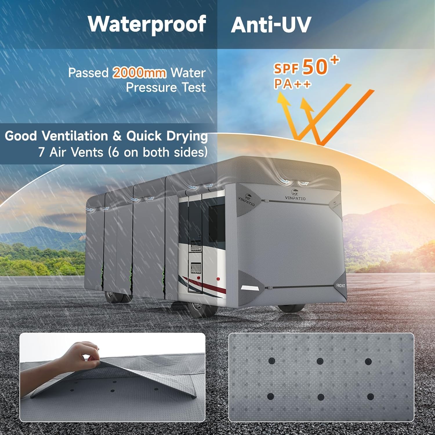 Thumbnail 4 de VINPATIO Class A RV Cover (34'-37') — Extra Thick 7-Layer, Heavy-Duty, Waterproof with Windproof Straps and Gutter Covers