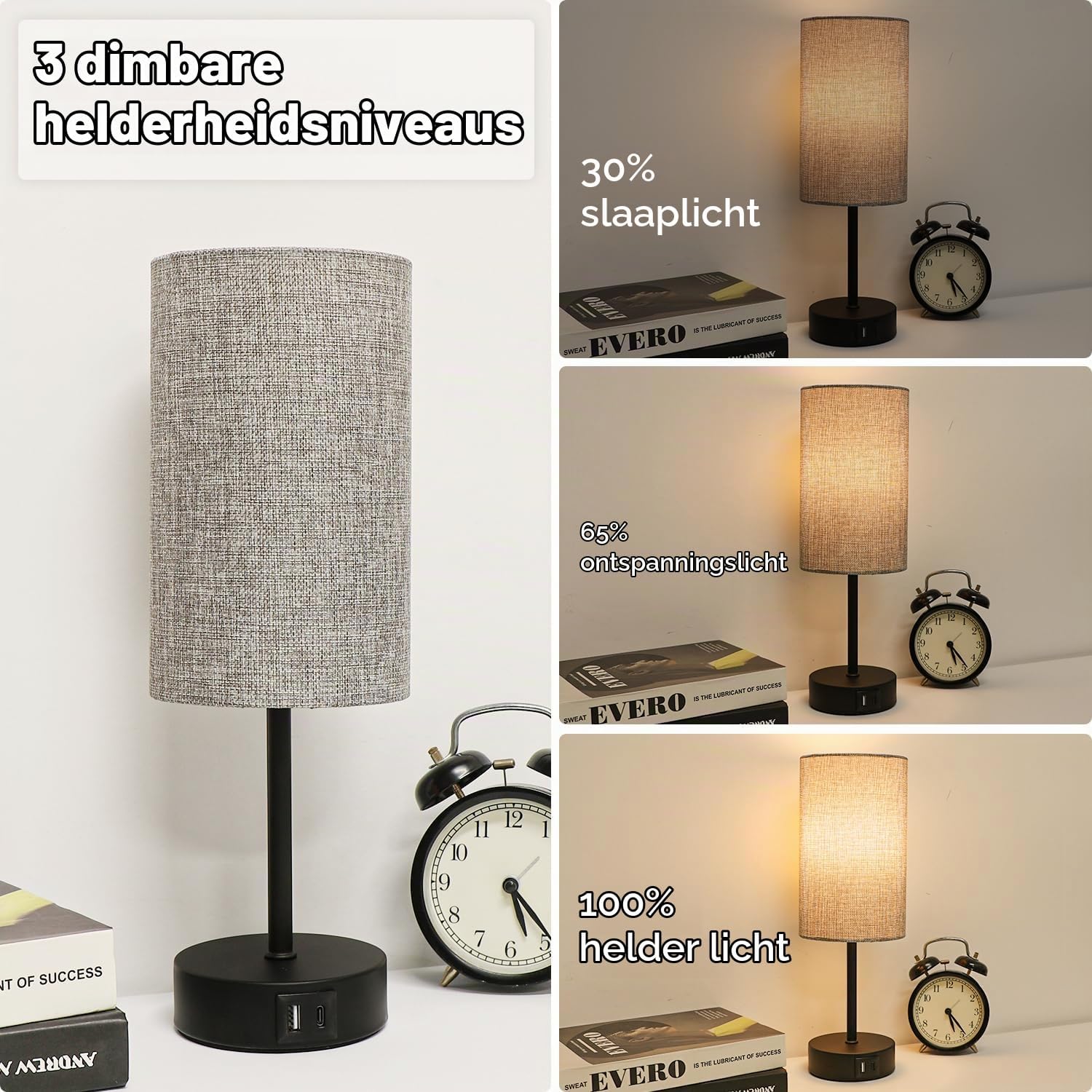 Detalle 2 de STANBOW TBL5 dimbare bedlamp met linnen kap en USB-A- en USB-C-poorten