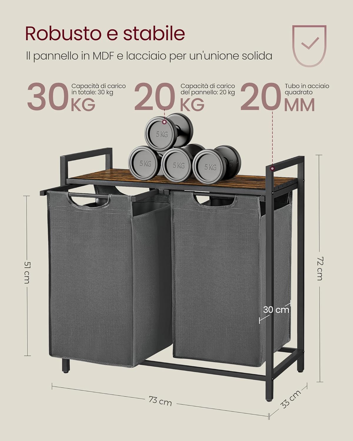 Thumbnail 6 de VASAGLE BLH201G01 cesto portabiancheria con 2 sacchi rimovibili da 46 L (tot. 92 L), grigio ardesia e marrone vintage