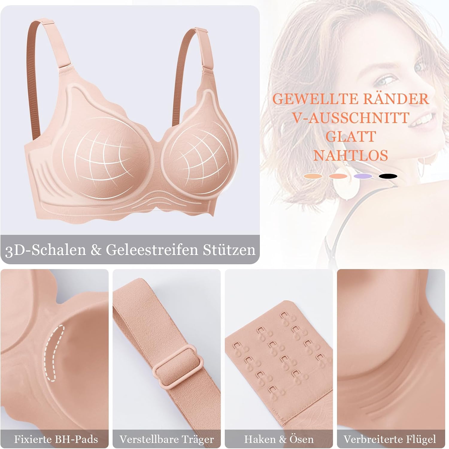 Detalle de Ganado Damen nahtloser BH ohne Bügel mit tiefem V-Ausschnitt & gewellten Kanten
