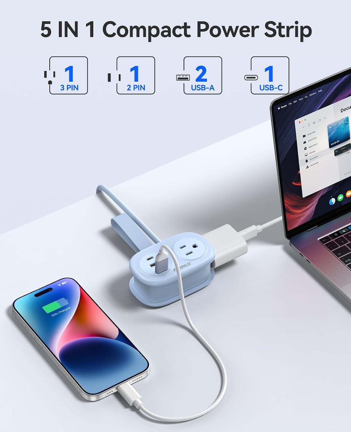 Detalle de Orico AP3-2A2U1C-US Travel Power Strip, 2 AC Outlets and 3 USB Ports