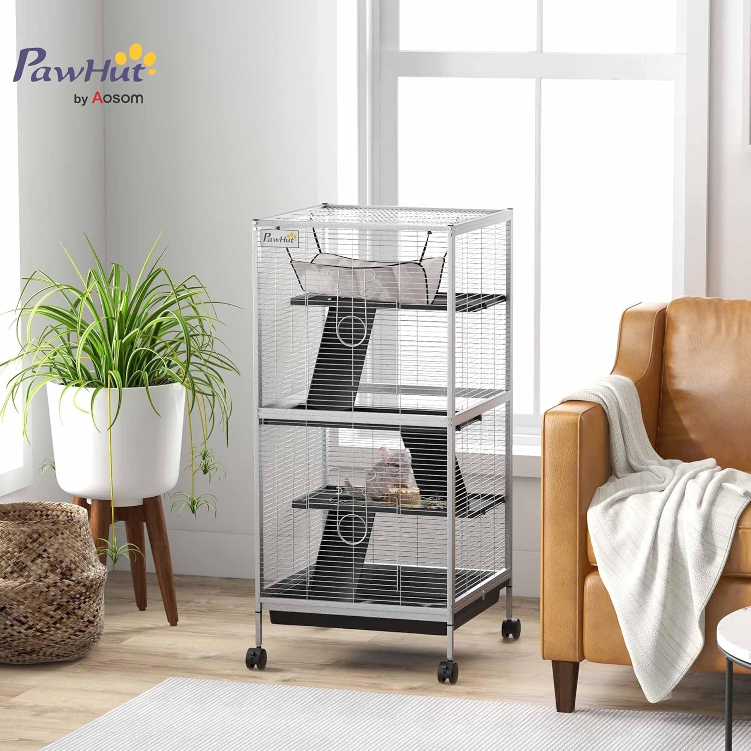 Detalle de PawHut Cage pour Petits Animaux Portable à 4 Niveaux – Cage Chinchilla/Furet 52 x 52 x 113,5 cm, Blanc